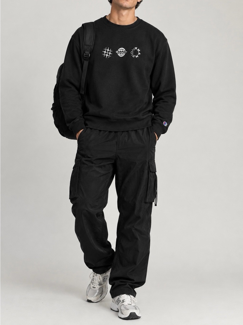 Champion Black Crewneck Sweatshirt with White Chest Graphics